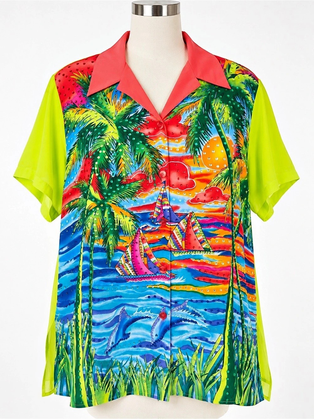 Diane Gilman 100% Silk Tropical Sequin Blouse 1X Palm Tree Sailboat Dolphin